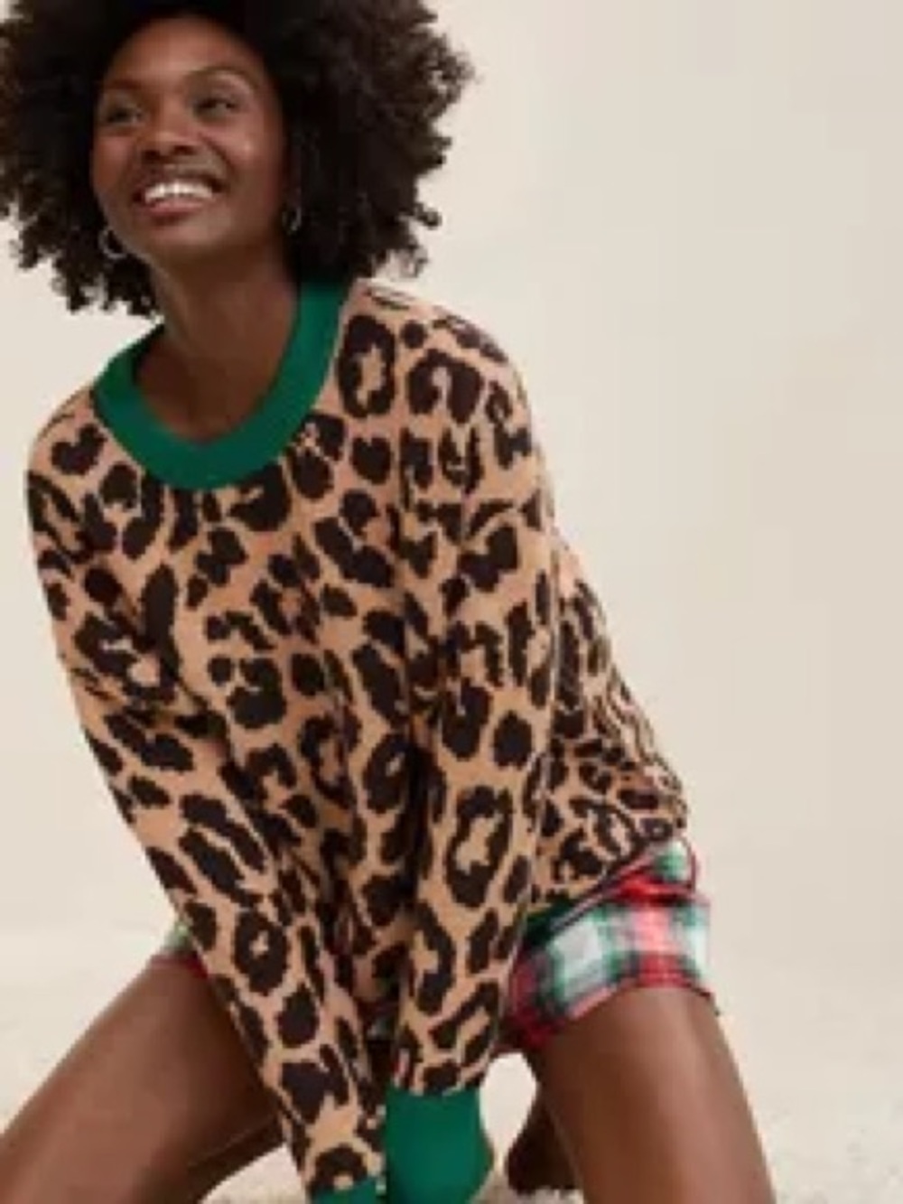 Aerie Leopard Print Crewneck Sweater with Green Trim